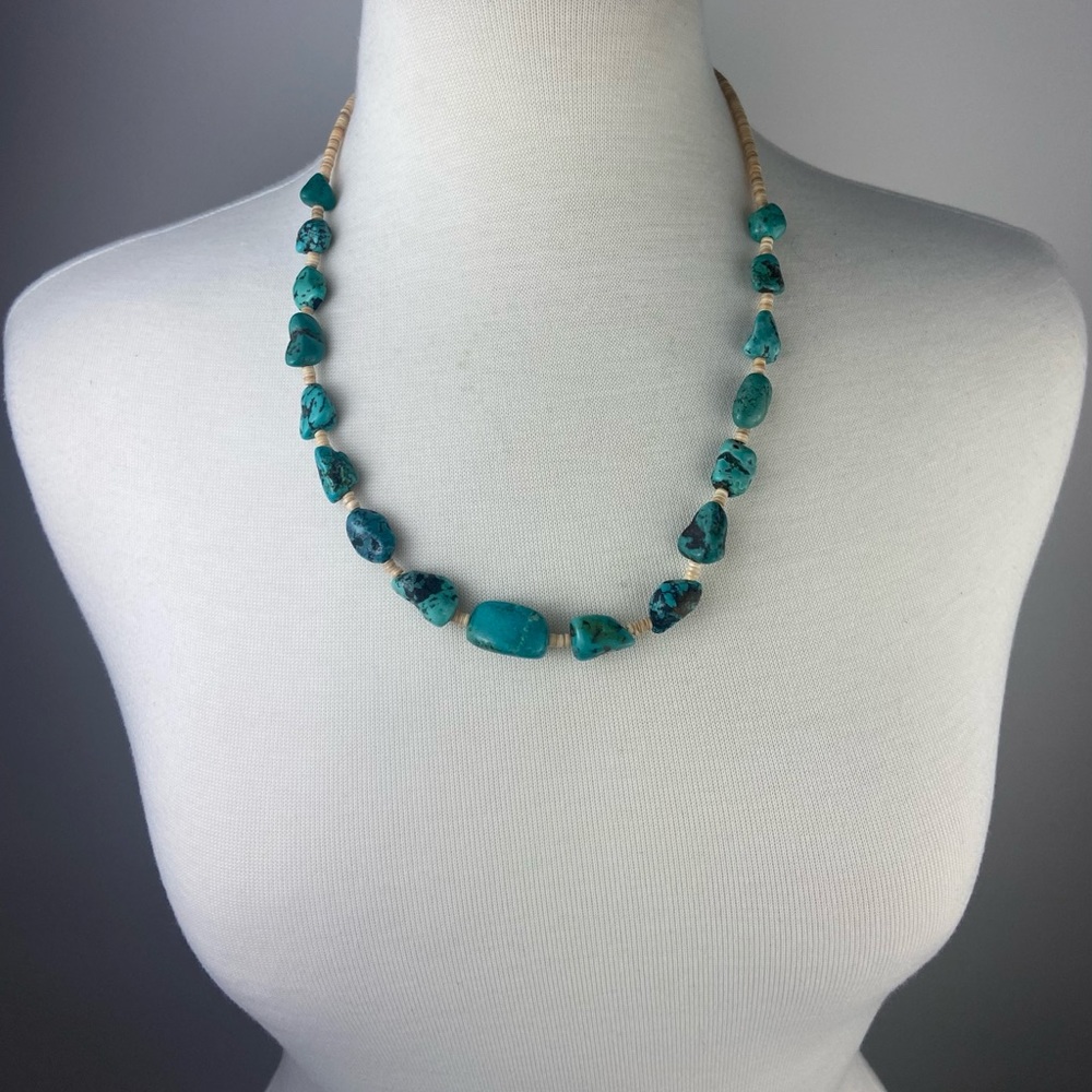 Turquoise Nugget And Heishi Shell Bead Sterling - Picture 5 of 11